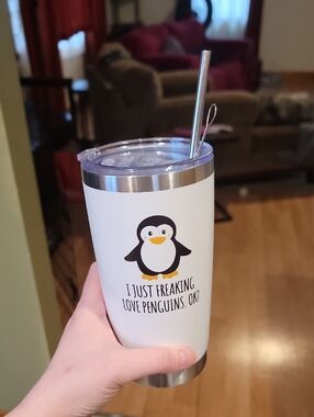 White Penguin Insulated Tumbler with Straw